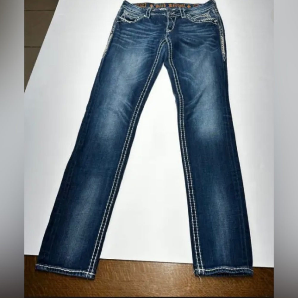 ROCK REVIVAL ELAINA Skinny Jeans Low Rise 28/31 Dark Wash Rhinestone Flip Pocket